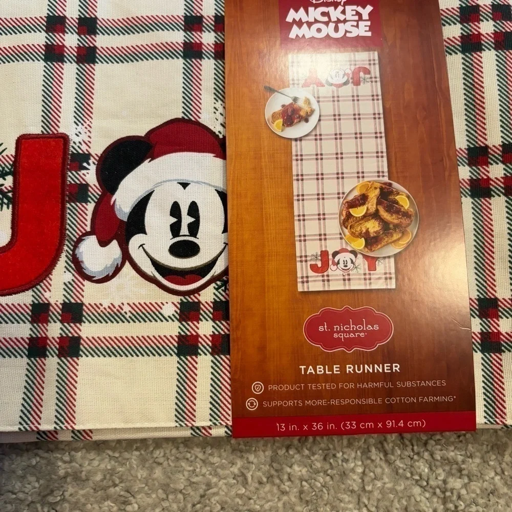Disney Mickey Mouse Joy Table Runner NEW Christmas Santa Plaid Red Green